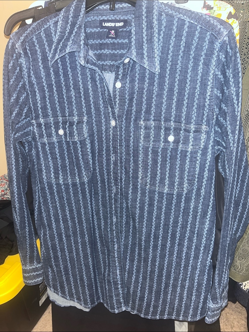 Lands' End Men's Navy and Light Blue Striped Button-Down Shirt
